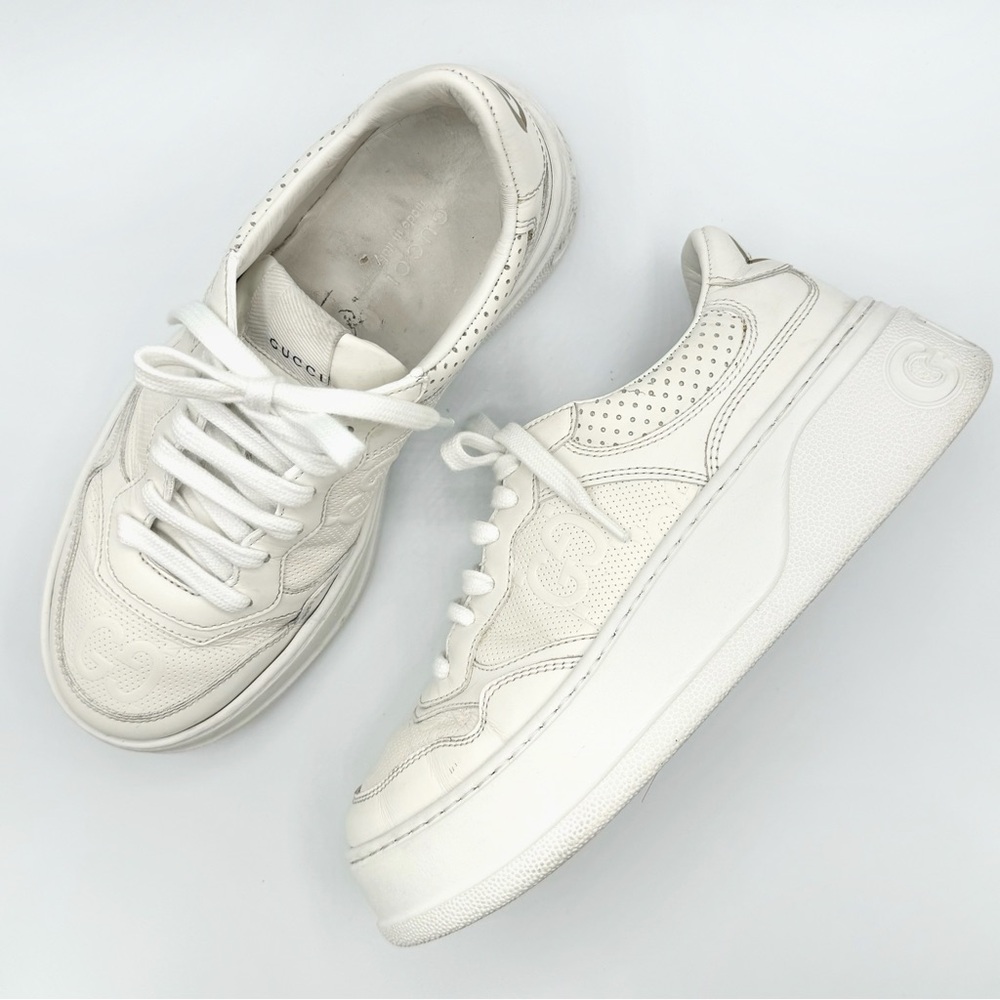 Gucci White GG Embossed Leather Lace Up Platform Sneaker Trainers Shoes